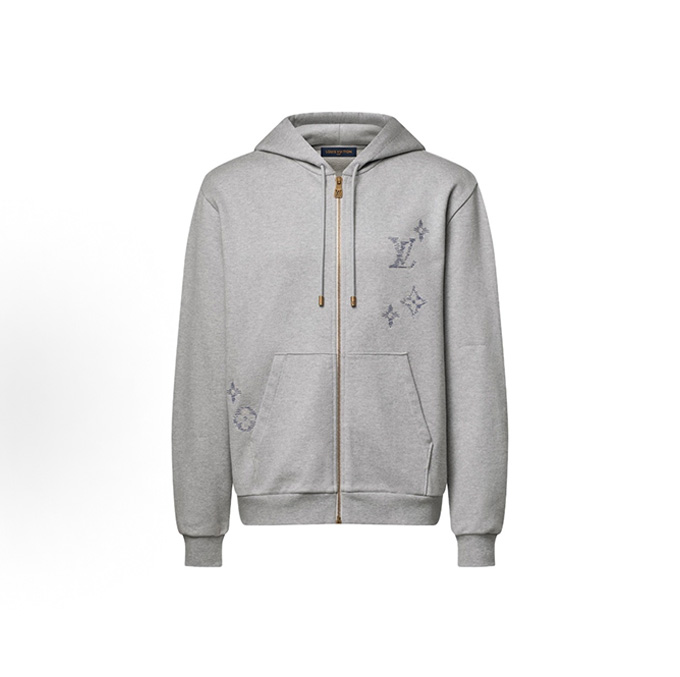 lv louis vuitton line monogram embroidered full zip hooded sweatshirt